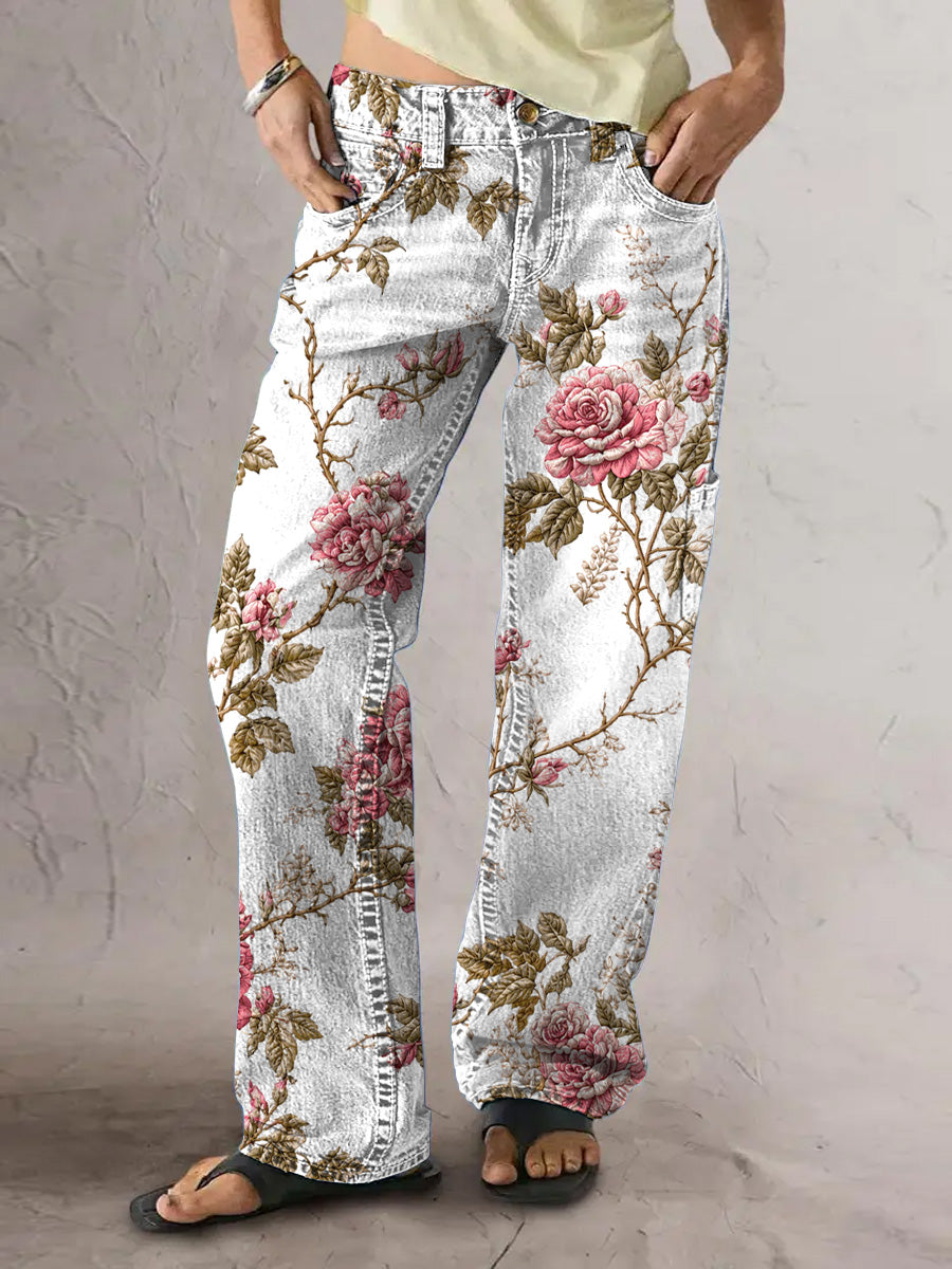 Women's Retro Style Art Print Casual Pocket Button Wide Leg Pants